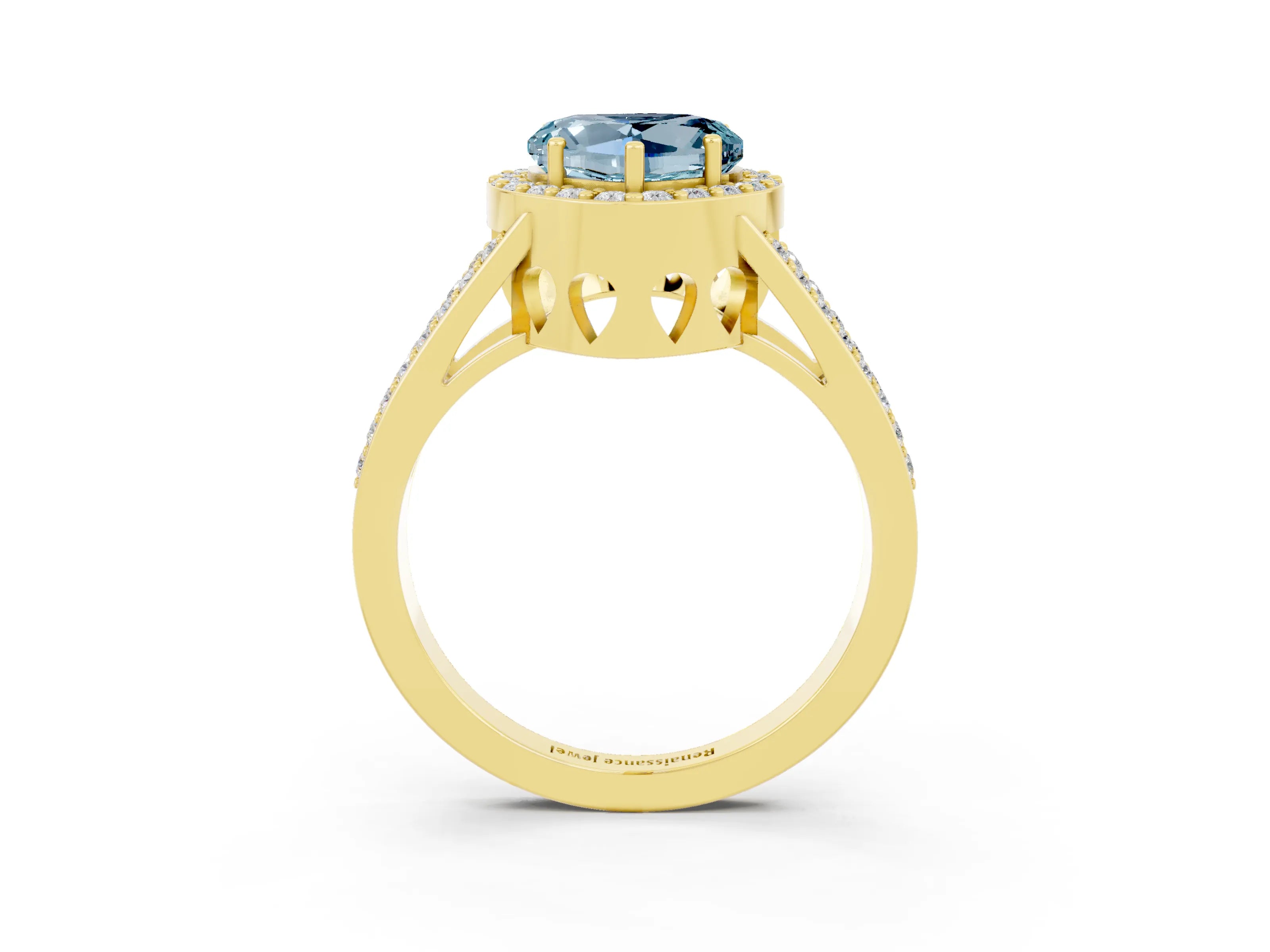Yellow gold Heart Cut Aquamarine Halo Ring with Split Shank U-Prong Band and Four-Prong Setting_3