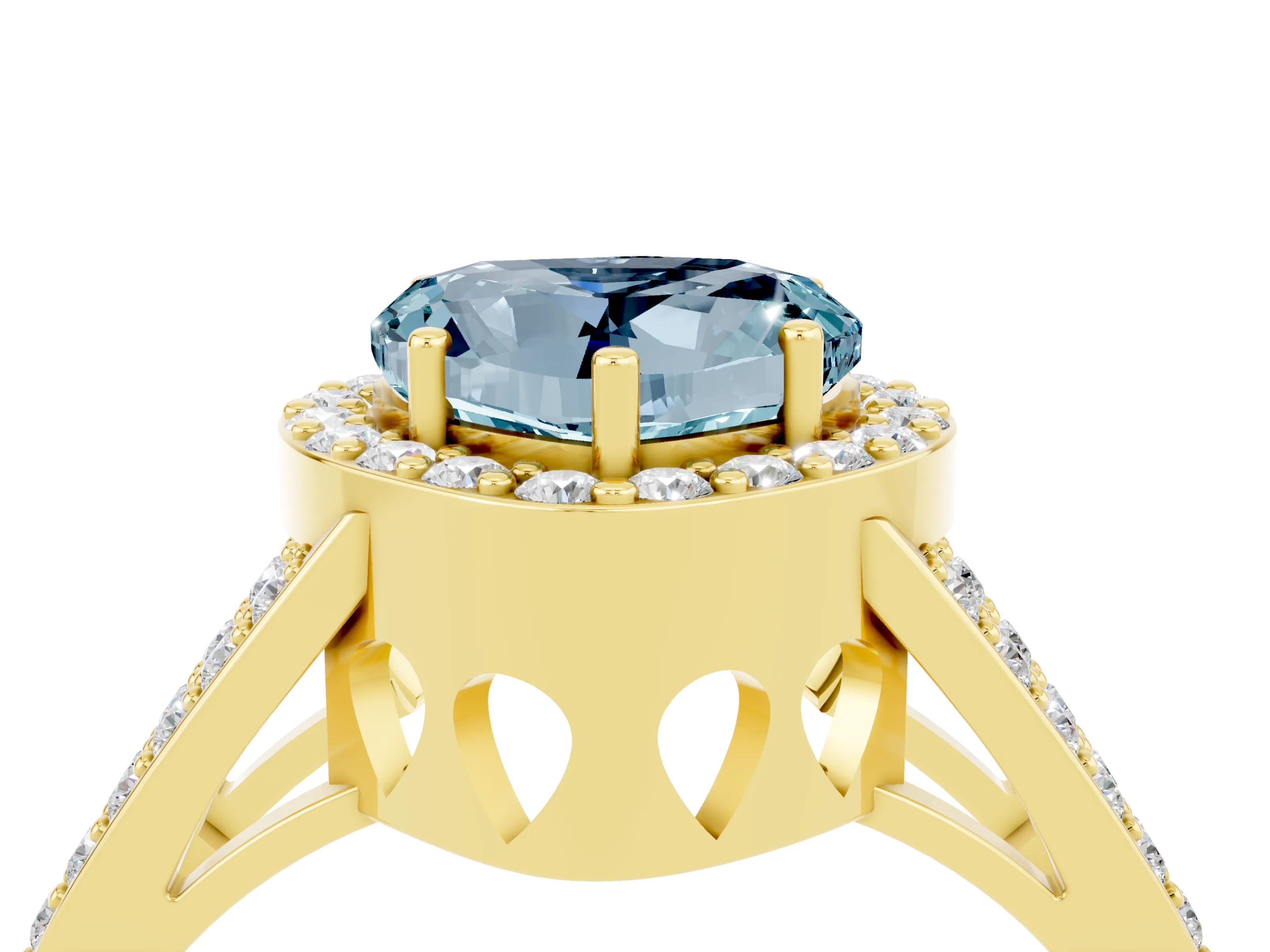 Yellow gold Heart Cut Aquamarine Halo Ring with Split Shank U-Prong Band and Four-Prong Setting_4