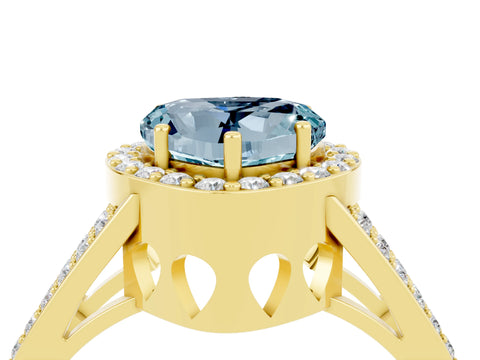 Yellow gold Heart Cut Aquamarine Halo Ring with Split Shank U-Prong Band and Four-Prong Setting_4
