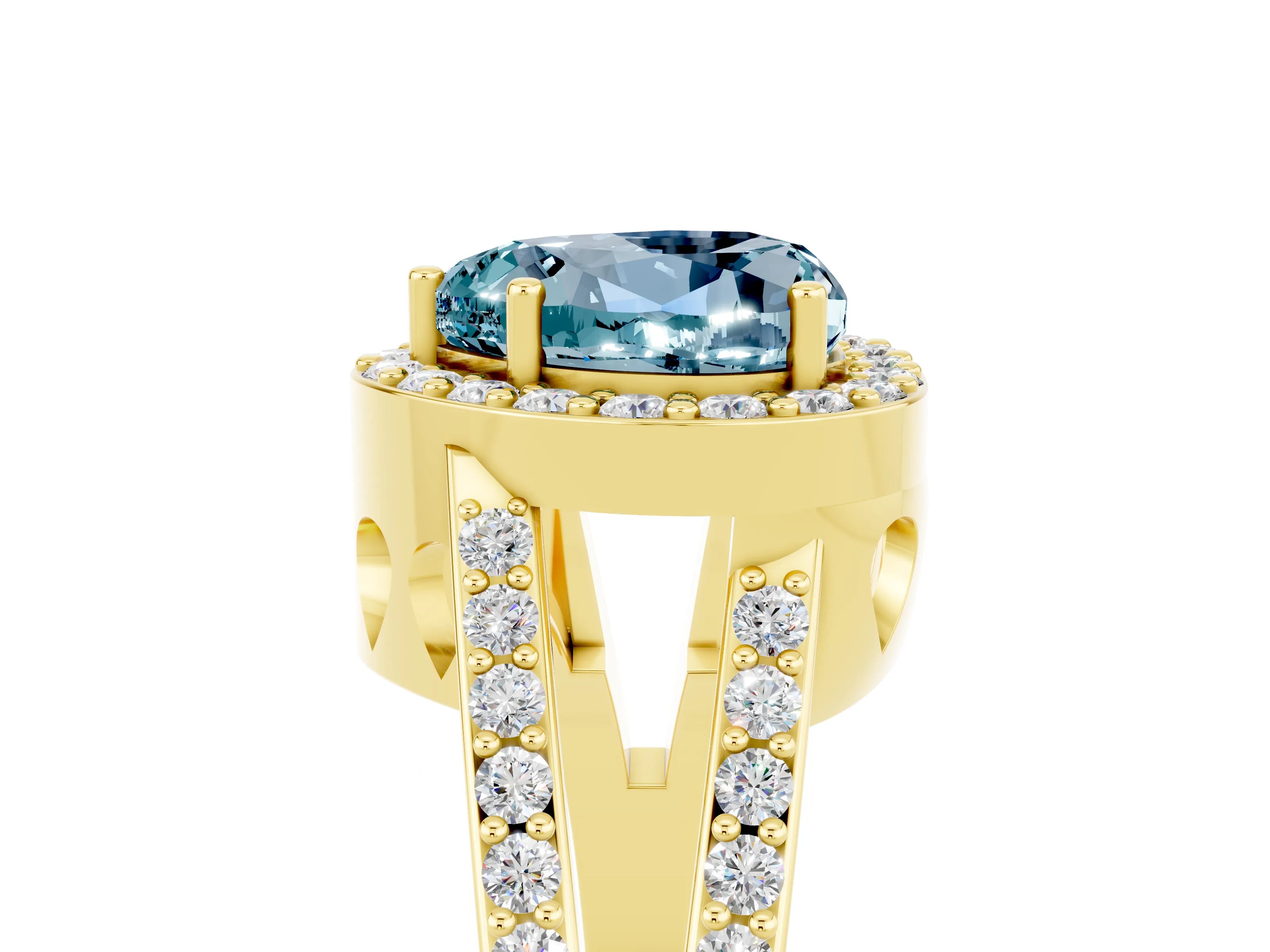 Yellow gold Heart Cut Aquamarine Halo Ring with Split Shank U-Prong Band and Four-Prong Setting_5