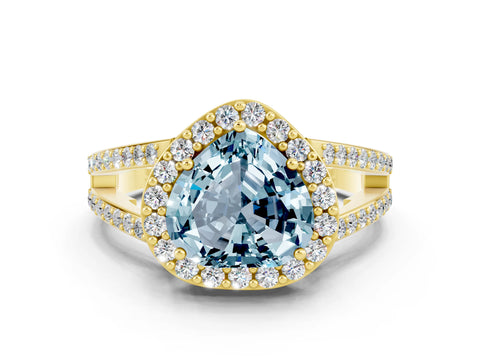 Yellow gold Heart Cut Aquamarine Halo Ring with Split Shank U-Prong Band and Four-Prong Setting