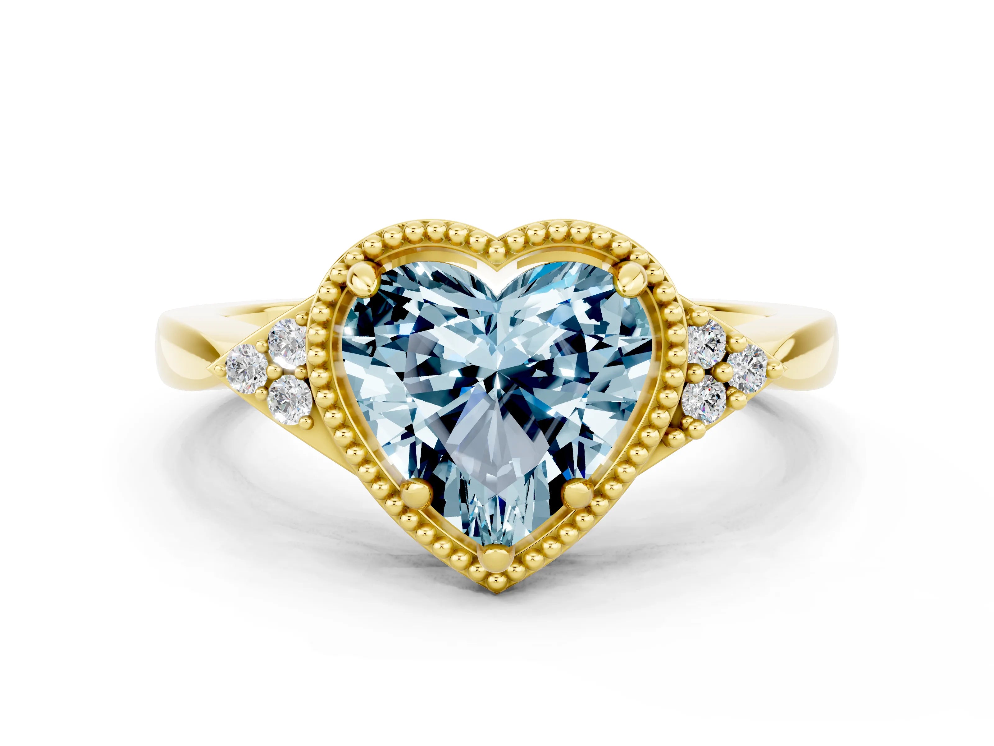 Yellow gold Heart Cut Aquamarine Halo Ring with Tapered Band and Four-Prong Setting