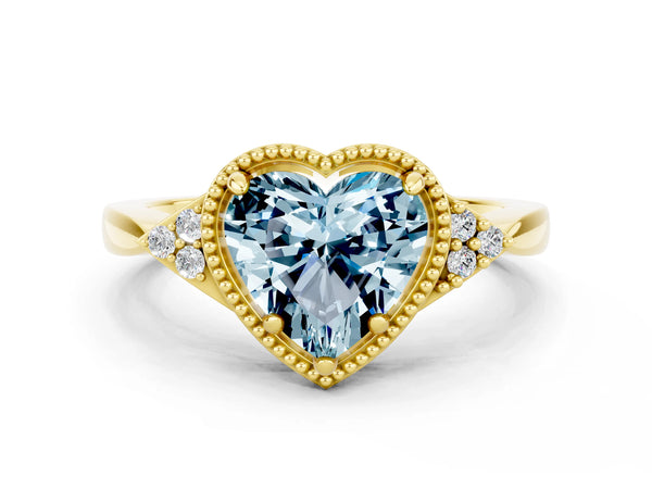 Yellow gold Heart Cut Aquamarine Halo Ring with Tapered Band and Four-Prong Setting