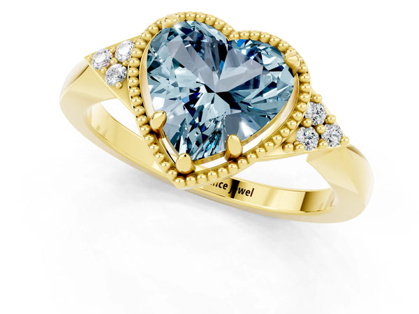Yellow gold Heart Cut Aquamarine Halo Ring with Tapered Band and Four-Prong Setting