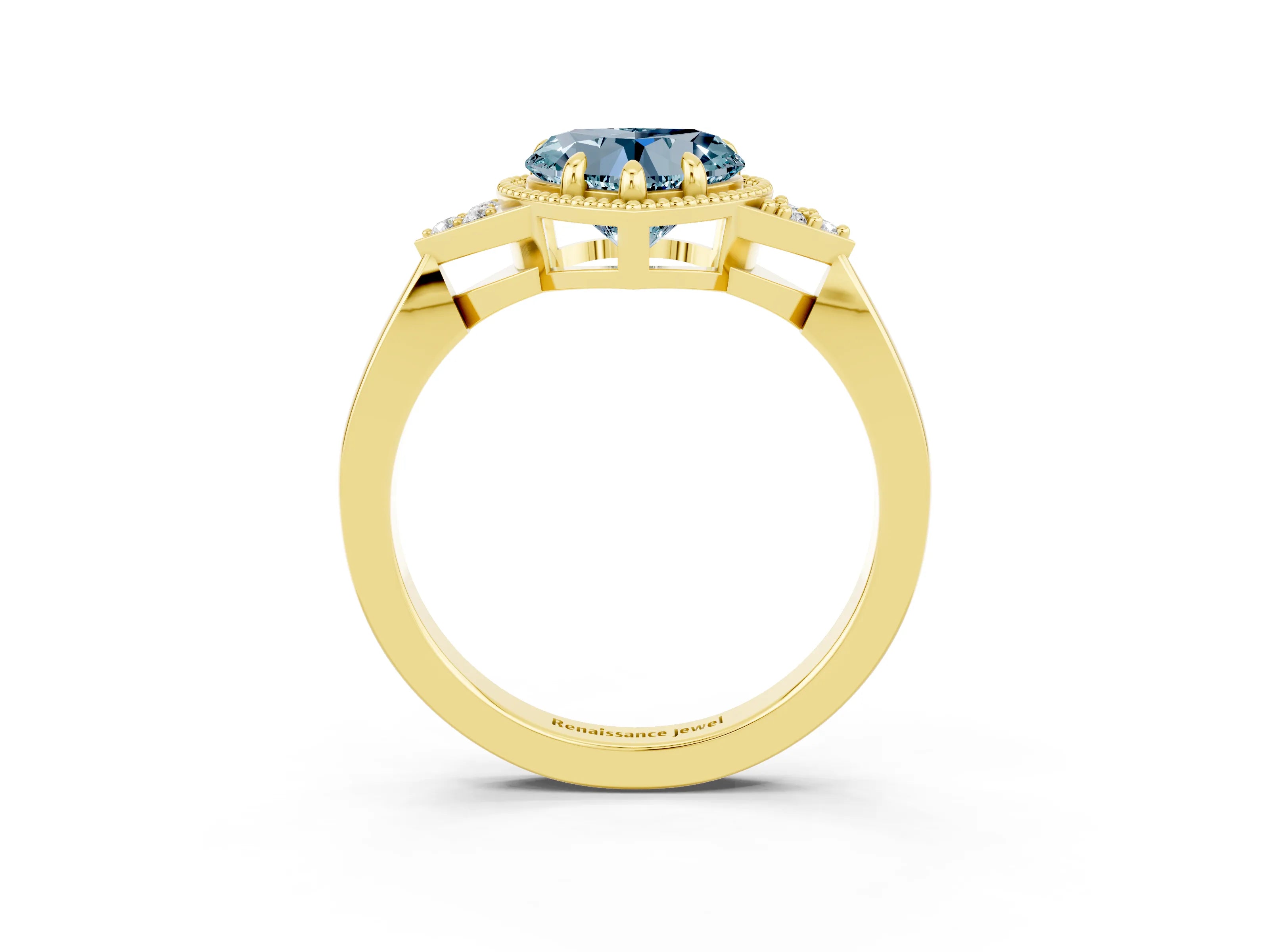 Yellow gold Heart Cut Aquamarine Halo Ring with Tapered Band and Four-Prong Setting_3