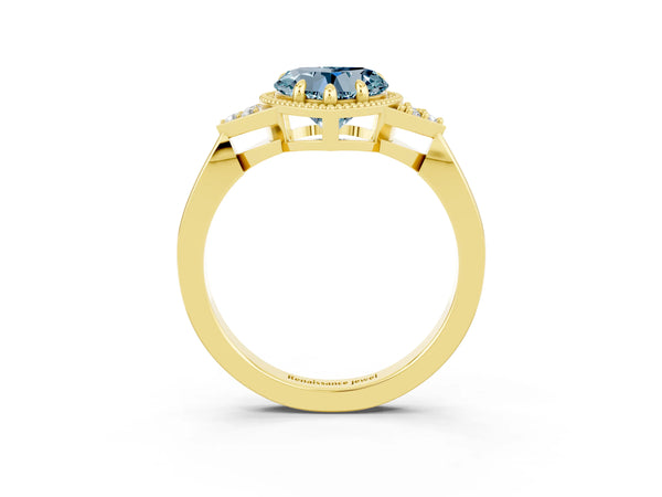 Yellow gold Heart Cut Aquamarine Halo Ring with Tapered Band and Four-Prong Setting