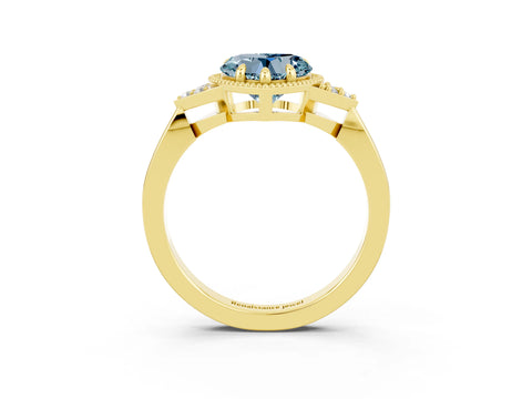 Yellow gold Heart Cut Aquamarine Halo Ring with Tapered Band and Four-Prong Setting_3