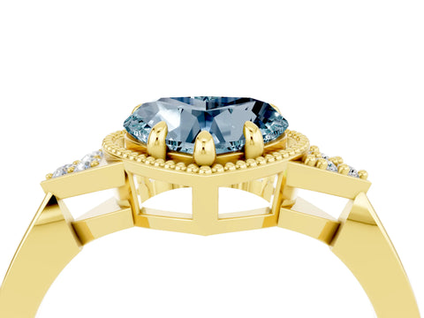 Yellow gold Heart Cut Aquamarine Halo Ring with Tapered Band and Four-Prong Setting_4