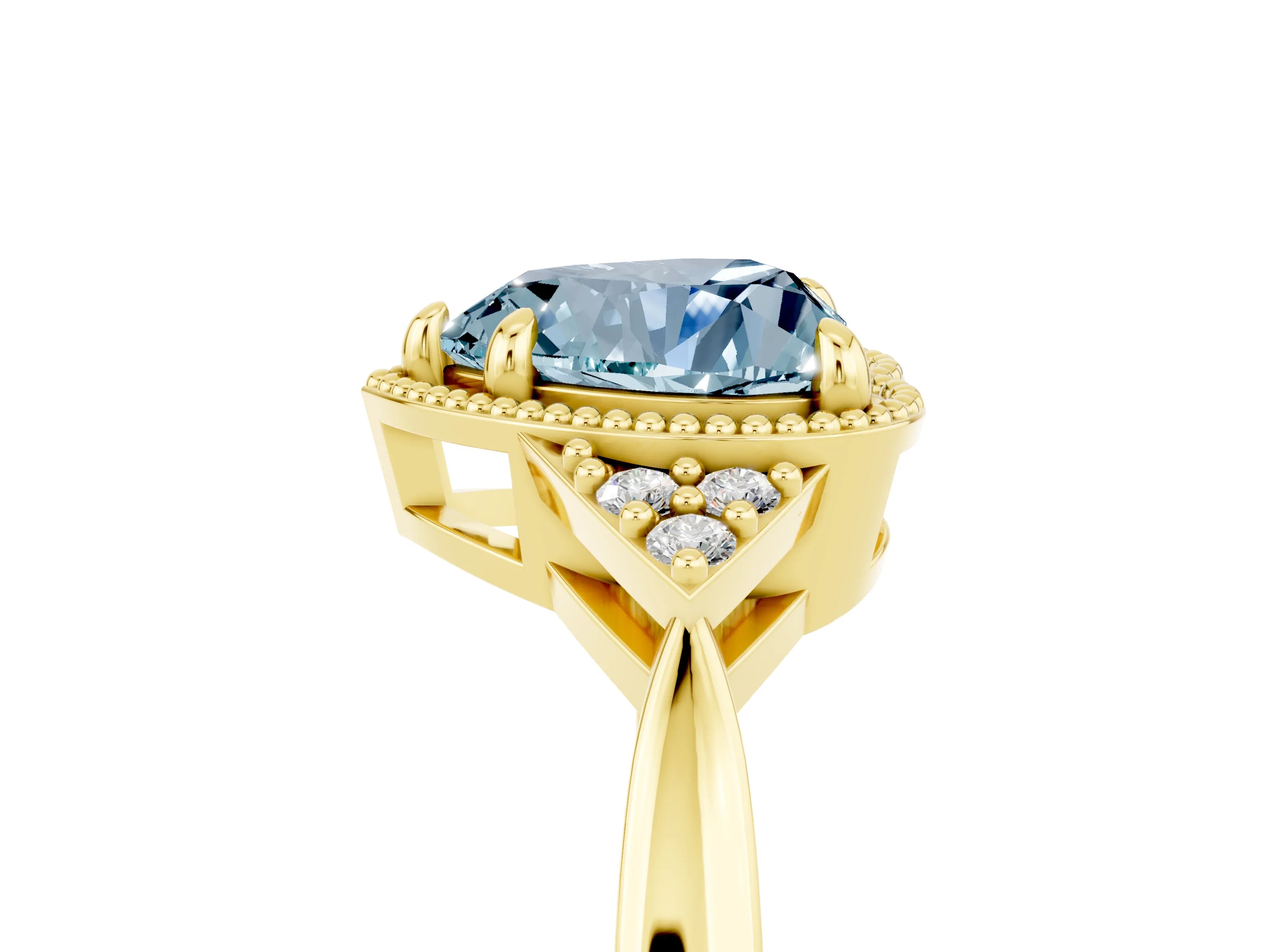 Yellow gold Heart Cut Aquamarine Halo Ring with Tapered Band and Four-Prong Setting_5
