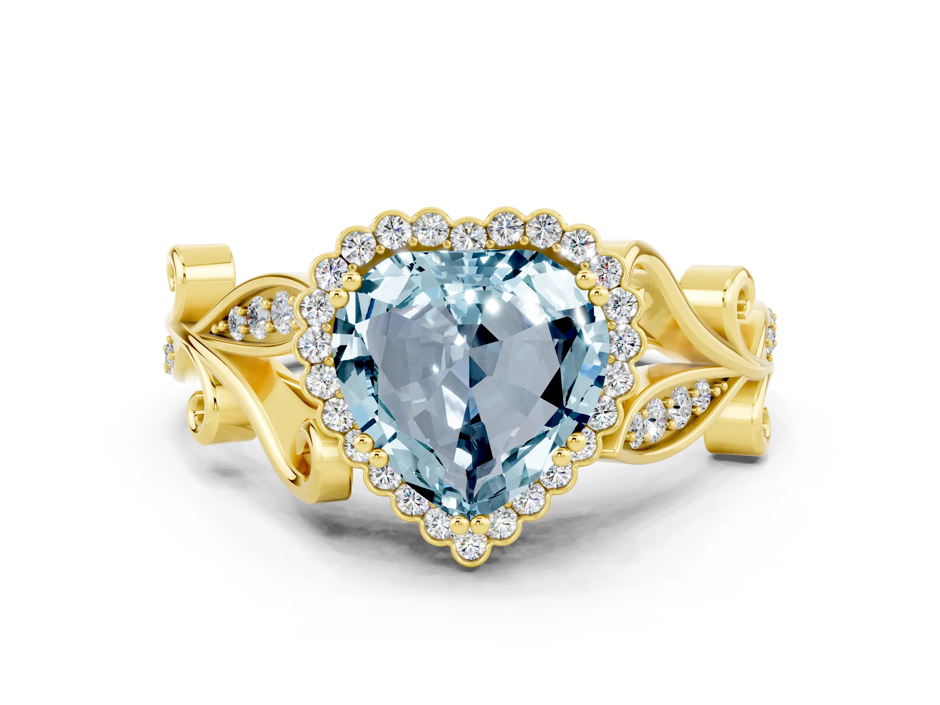 Yellow gold Heart Cut Aquamarine Halo Ring with Vintage Split Shank and Four-Prong Setting
