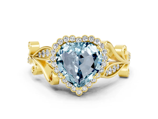 Yellow gold Heart Cut Aquamarine Halo Ring with Vintage Split Shank and Four-Prong Setting