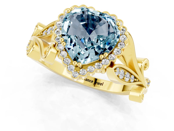 Yellow gold Heart Cut Aquamarine Halo Ring with Vintage Split Shank and Four-Prong Setting