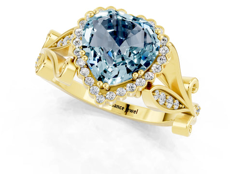 Yellow gold Heart Cut Aquamarine Halo Ring with Vintage Split Shank and Four-Prong Setting_1