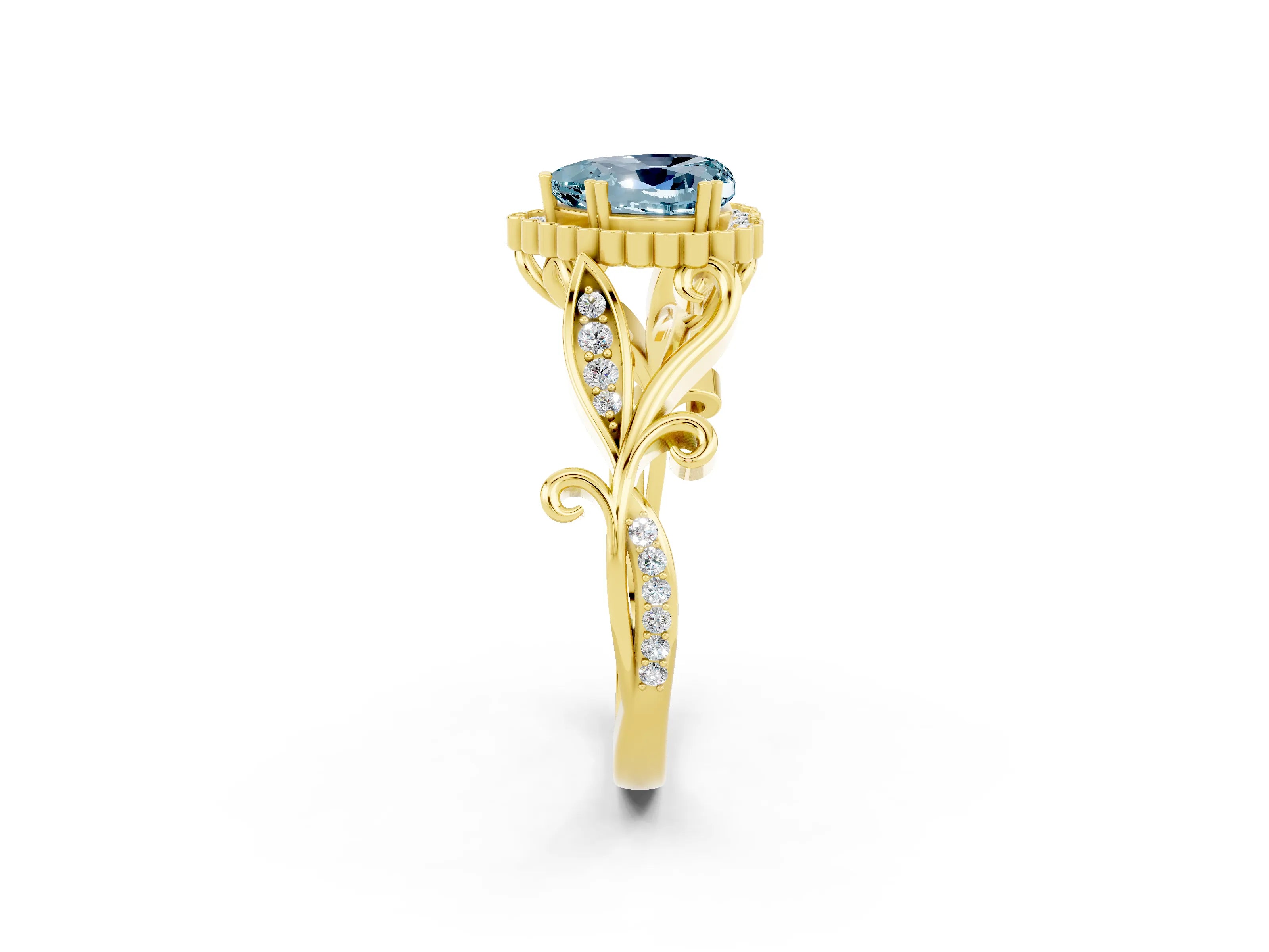 Yellow gold Heart Cut Aquamarine Halo Ring with Vintage Split Shank and Four-Prong Setting_2