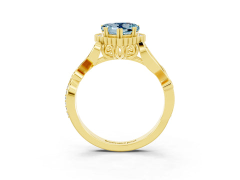 Yellow gold Heart Cut Aquamarine Halo Ring with Vintage Split Shank and Four-Prong Setting_3
