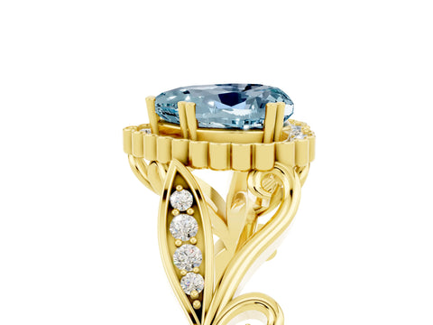 Yellow gold Heart Cut Aquamarine Halo Ring with Vintage Split Shank and Four-Prong Setting_5