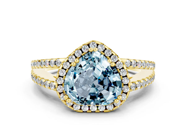 Yellow gold Heart Cut Aquamarine Halo Split Shank Engagement Ring