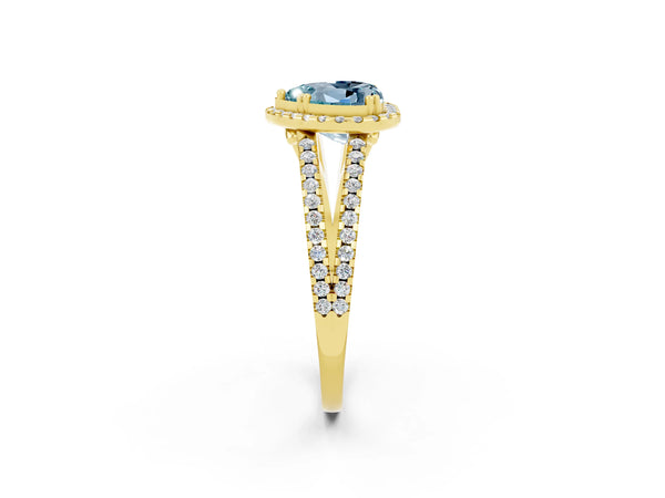 Yellow gold Heart Cut Aquamarine Halo Split Shank Engagement Ring