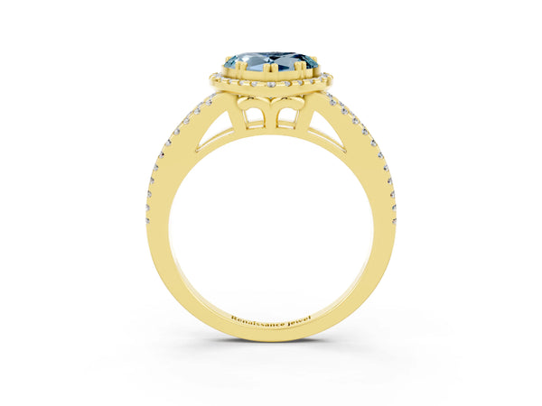 Yellow gold Heart Cut Aquamarine Halo Split Shank Engagement Ring