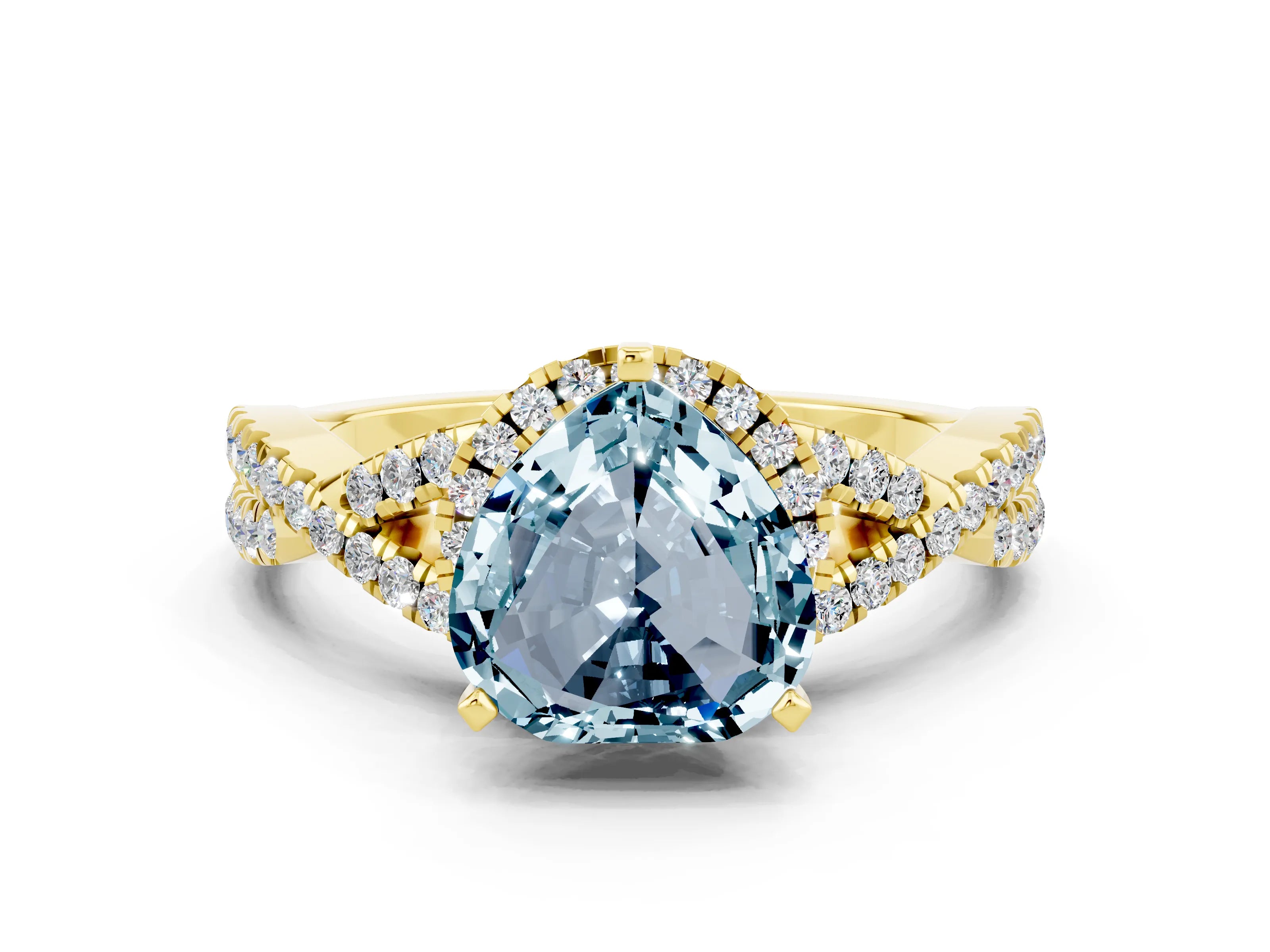 Yellow gold Heart Cut Aquamarine Halo Twist Band Solitaire Prong Setting Ring