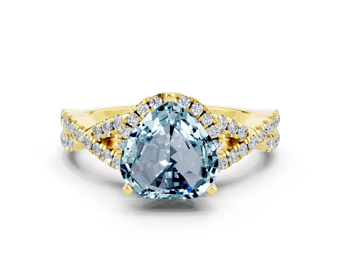 Yellow gold Heart Cut Aquamarine Halo Twist Band Solitaire Prong Setting Ring