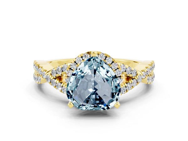 Yellow gold Heart Cut Aquamarine  Halo Twist Band Solitaire Prong Setting Ring