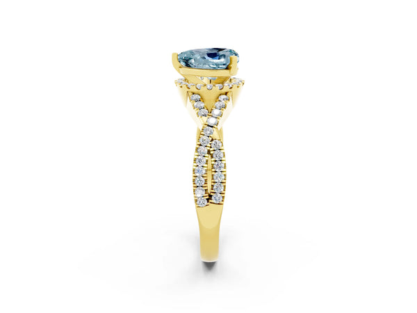 Yellow gold Heart Cut Aquamarine  Halo Twist Band Solitaire Prong Setting Ring