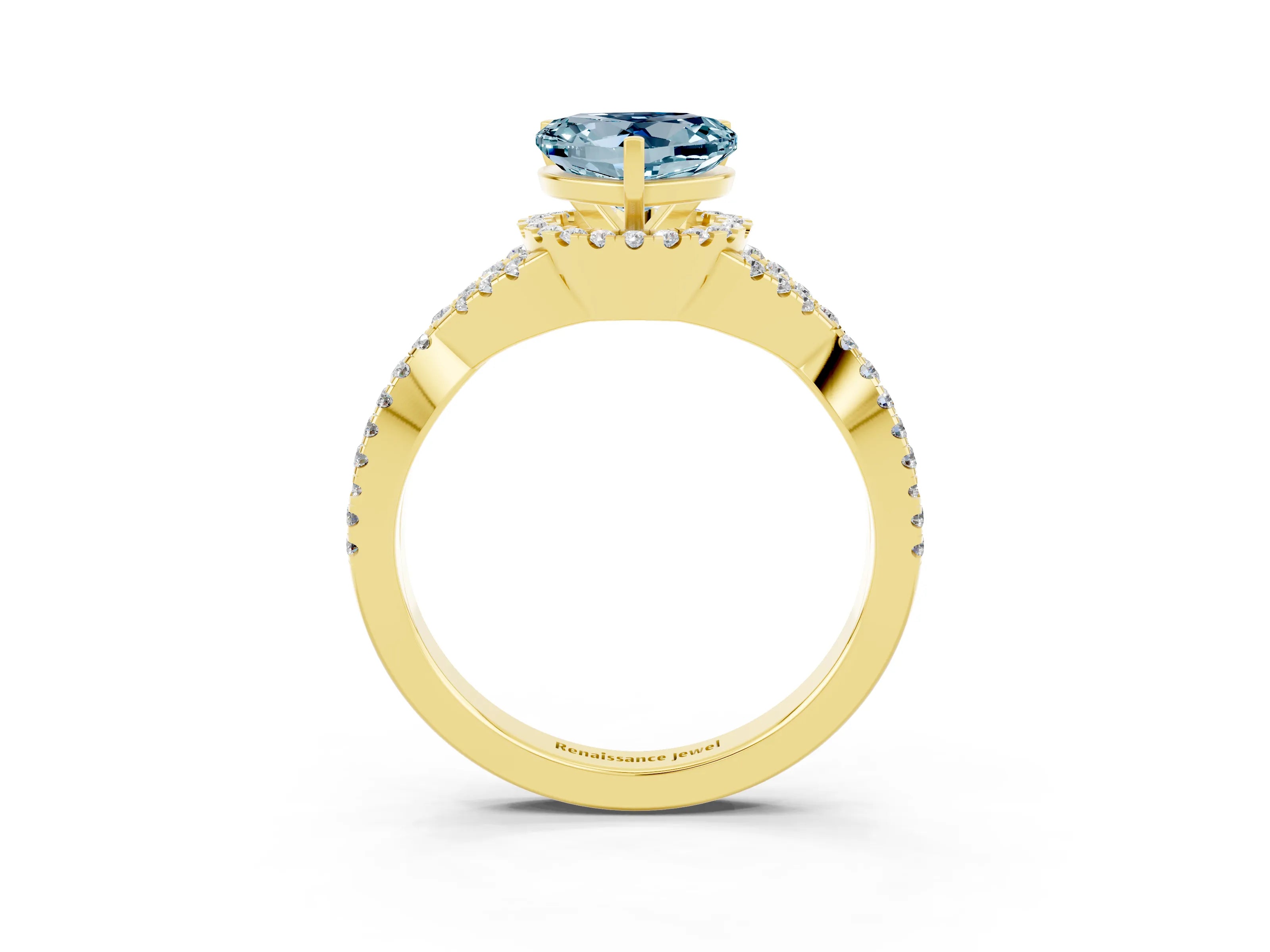 Yellow gold Heart Cut Aquamarine Halo Twist Band Solitaire Prong Setting Ring_3