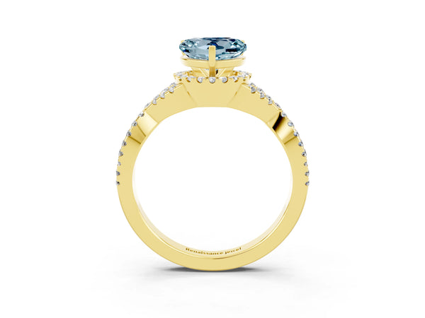 Yellow gold Heart Cut Aquamarine  Halo Twist Band Solitaire Prong Setting Ring