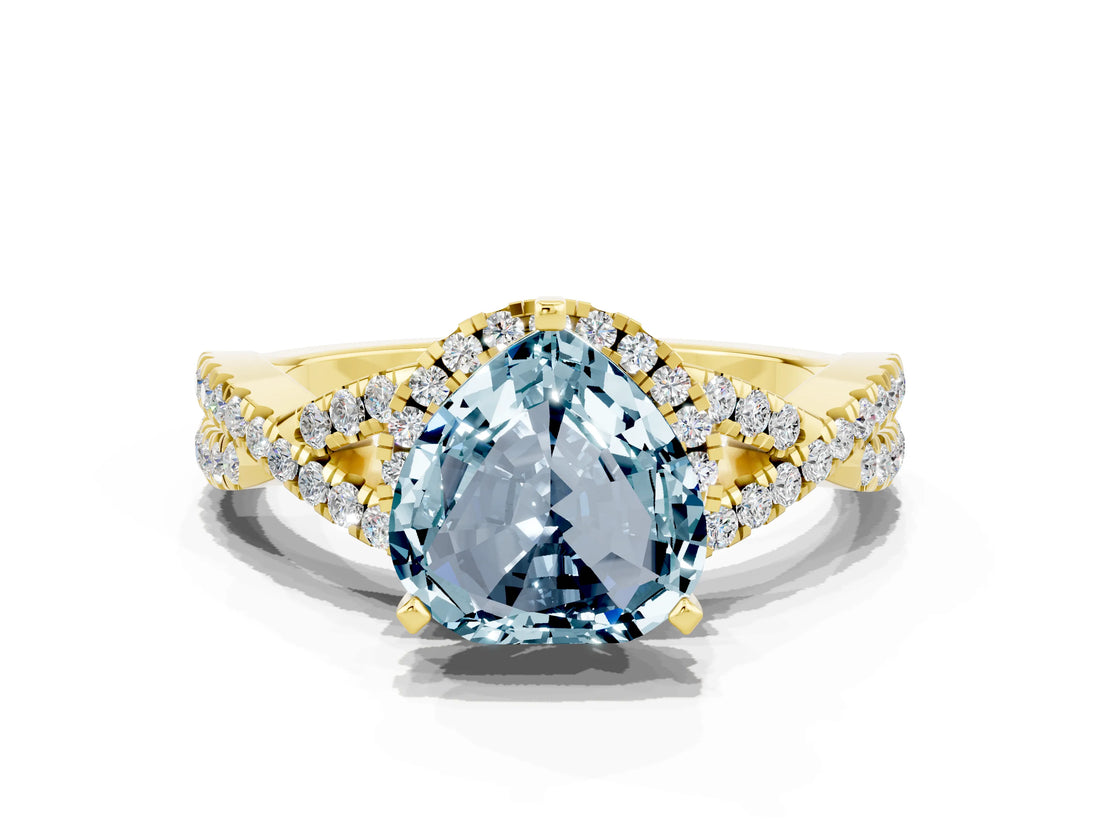 Yellow gold Heart Cut Aquamarine  Halo Twist Band Solitaire Prong Setting Ring_36