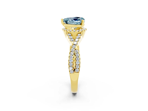 Yellow gold Heart Cut Aquamarine  Halo Twist Band Solitaire Prong Setting Ring