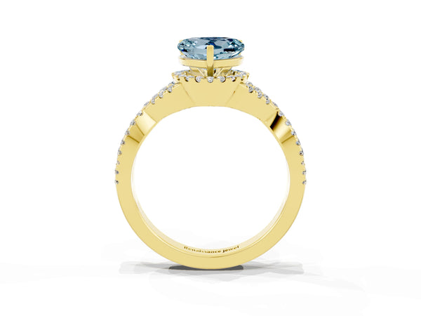 Yellow gold Heart Cut Aquamarine  Halo Twist Band Solitaire Prong Setting Ring