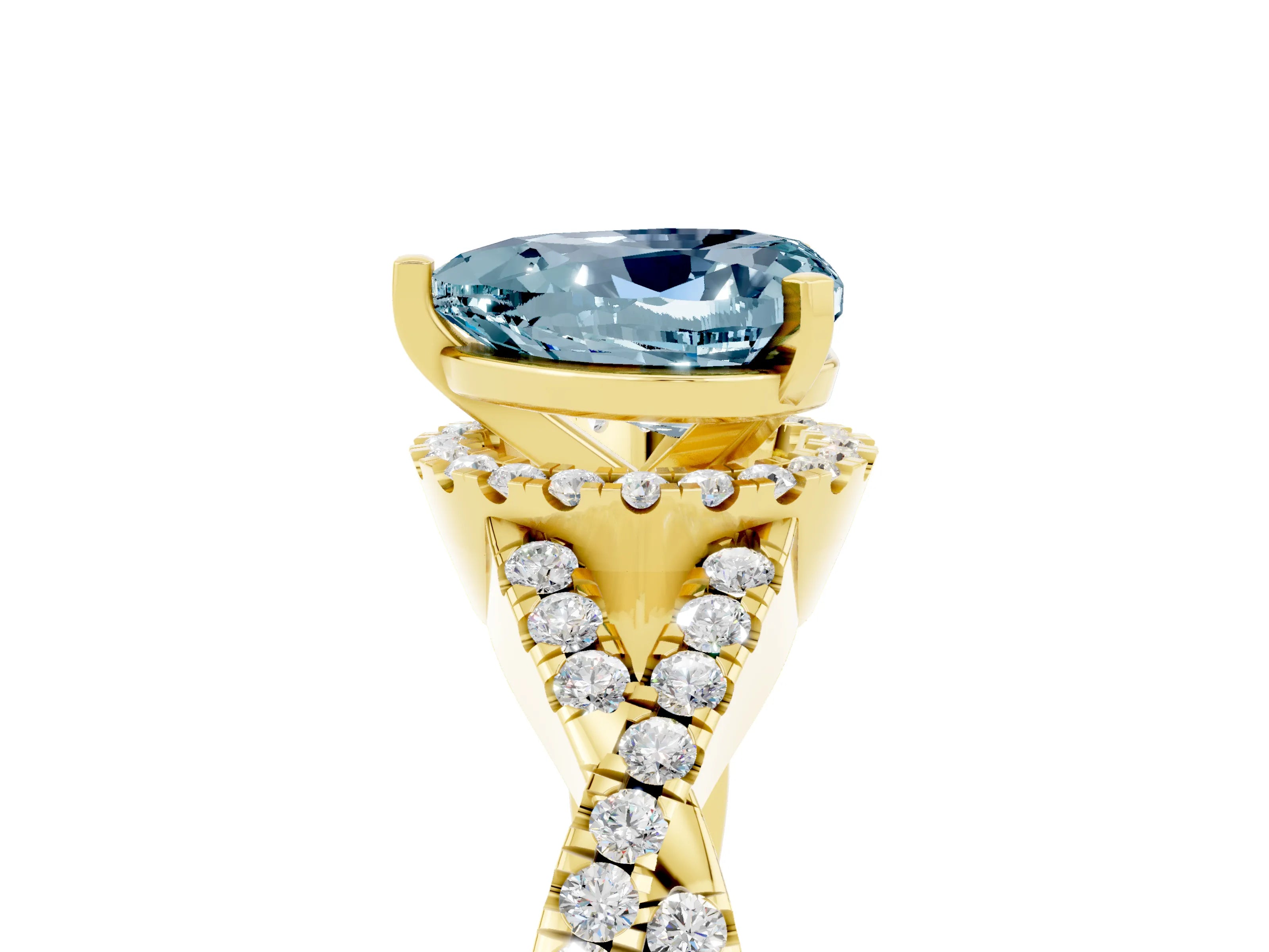 Yellow gold Heart Cut Aquamarine Halo Twist Band Solitaire Prong Setting Ring_5