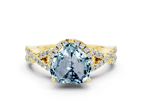 Yellow gold Heart Cut Aquamarine Halo Twist Band Solitaire Prong Setting Ring