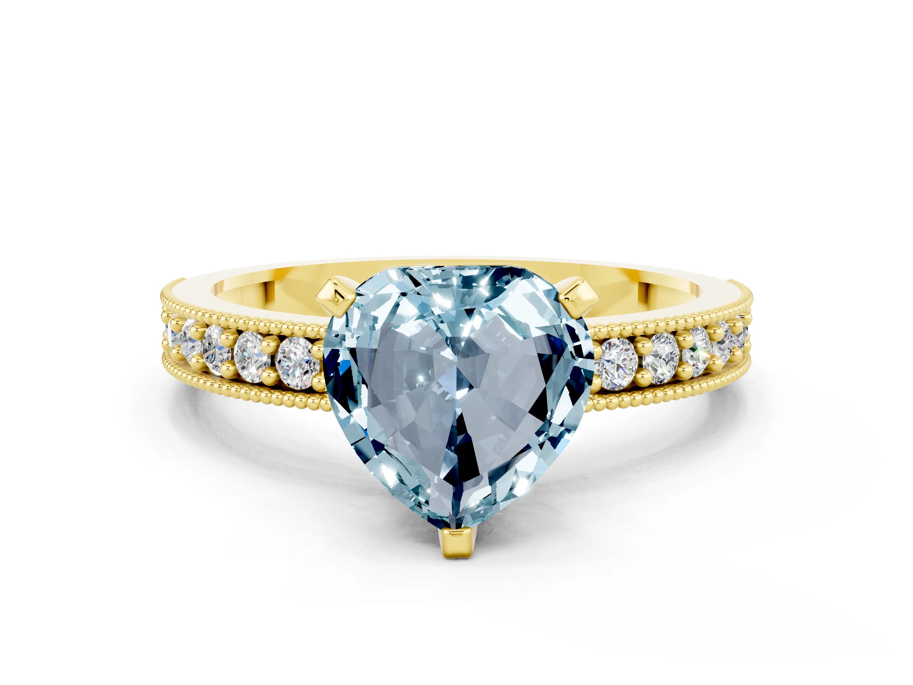 Yellow gold Heart Cut Aquamarine Milgrain Pavé Engagement Ring with Four-Prong Setting_12