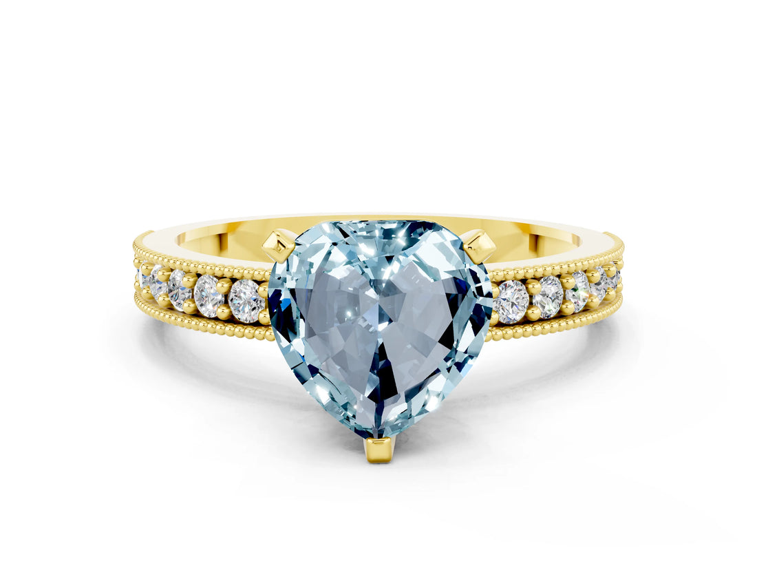 Yellow gold Heart Cut Aquamarine Milgrain Pavé Engagement Ring with Four-Prong Setting_12