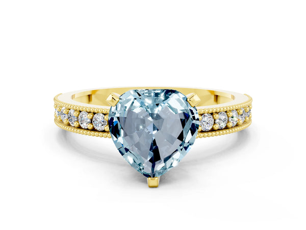 Yellow gold Heart Cut Aquamarine Milgrain Pavé Engagement Ring with Four-Prong Setting