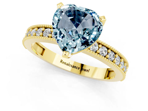 Yellow gold Heart Cut Aquamarine Milgrain Pavé Engagement Ring with Four-Prong Setting_13