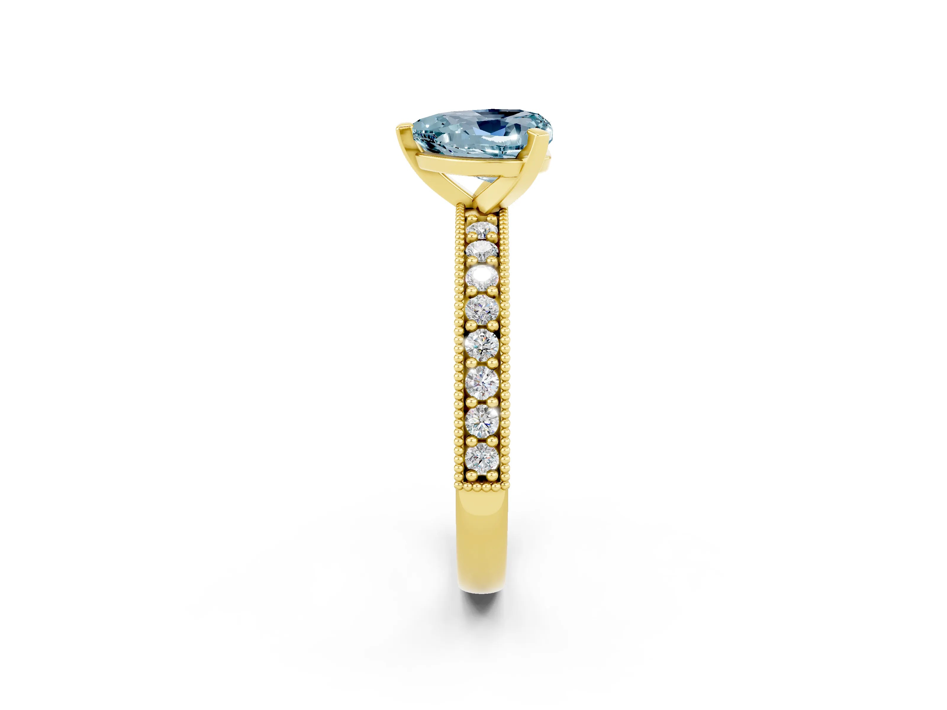 Yellow gold Heart Cut Aquamarine Milgrain Pavé Engagement Ring with Four-Prong Setting_14