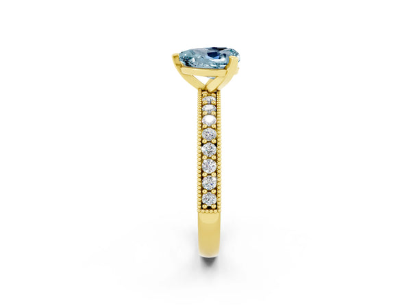 Yellow gold Heart Cut Aquamarine Milgrain Pavé Engagement Ring with Four-Prong Setting