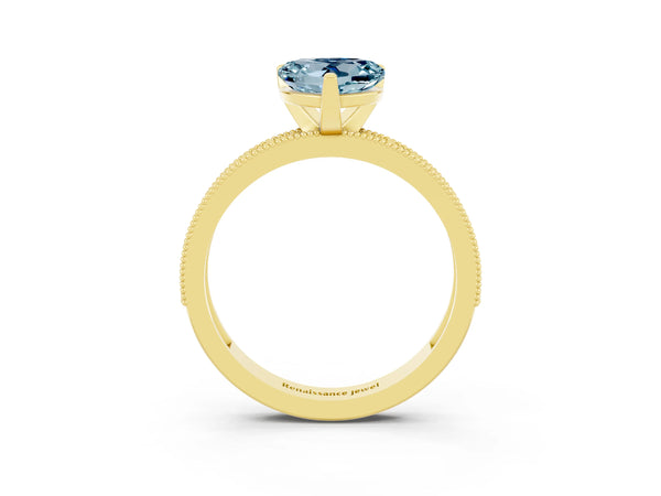 Yellow gold Heart Cut Aquamarine Milgrain Pavé Engagement Ring with Four-Prong Setting