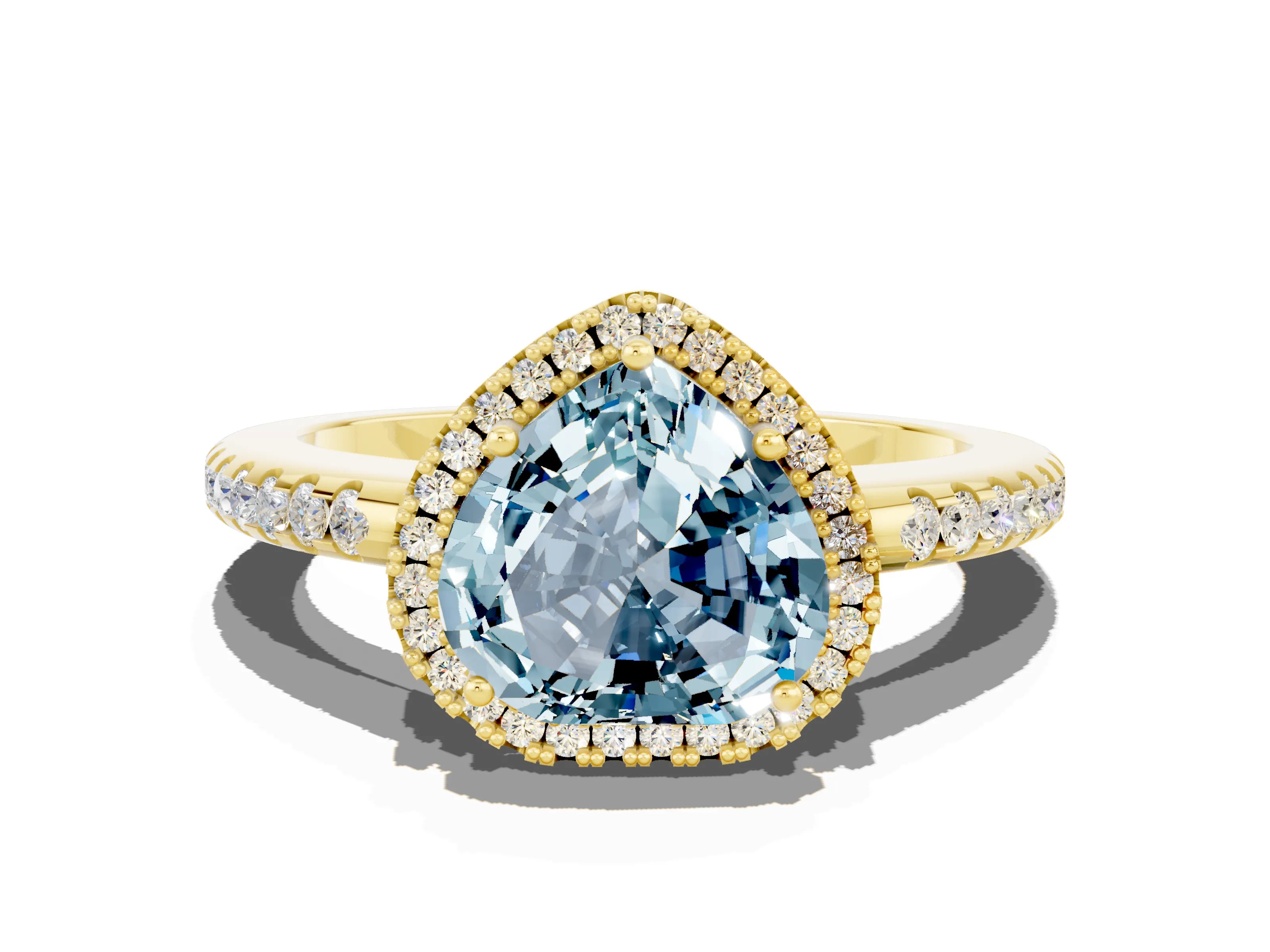 Yellow gold Heart Cut Aquamarine Pavé Halo Ring with Four-Prong Setting_12
