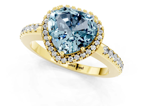 Yellow gold Heart Cut Aquamarine Pavé Halo Ring with Four-Prong Setting