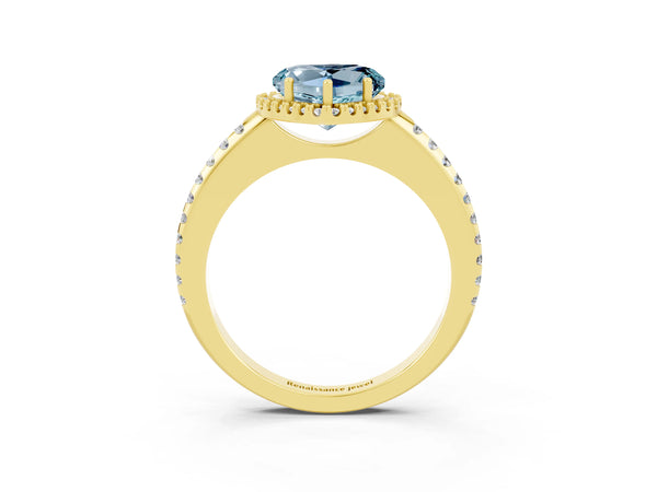 Yellow gold Heart Cut Aquamarine Pavé Halo Ring with Four-Prong Setting