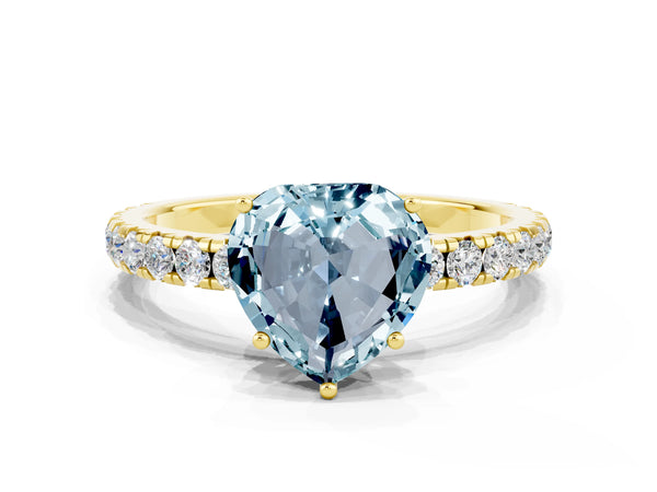 Yellow gold Heart Cut Aquamarine Pavé Solitaire Engagement Ring with Four-Prong Setting