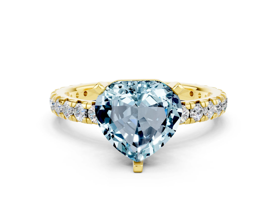 Yellow gold Heart Cut Aquamarine Pavé Solitaire Ring with Round Band and Prong Setting_24