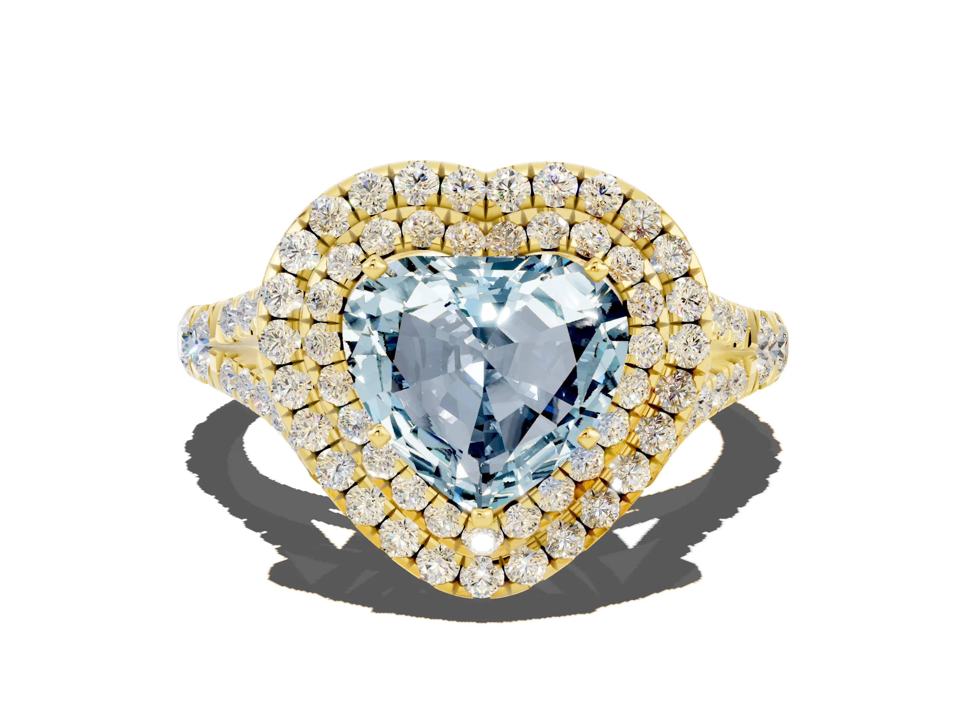 Yellow gold Heart Cut Aquamarine Pavé Split Shank Double Halo Engagement Ring
