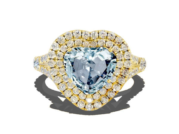 Yellow gold Heart Cut Aquamarine Pavé Split Shank Double Halo Engagement Ring