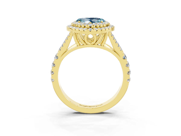 Yellow gold Heart Cut Aquamarine Pavé Split Shank Double Halo Engagement Ring