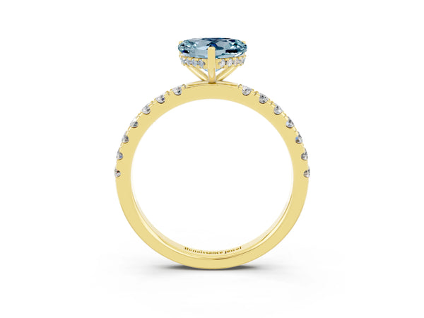 Yellow gold Heart Cut Aquamarine Pave Band Solitaire Ring with Round  and Prong Setting